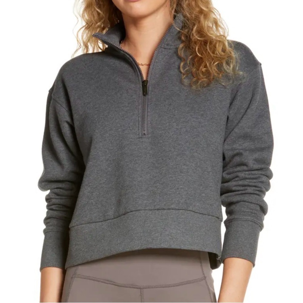 ZELLA GRAY 1/4 ZIP CROP PULLOVER SWEATSHIRT WOMENS SMALL
